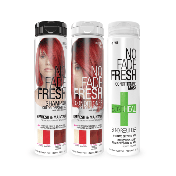 No Fade Fresh Bright Red shampoo conditioner set with BondHeal deep conditioning hair mask